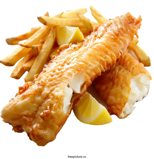 [Transparent Background PNG]Delicious Fish and Chips with Lemon Wedges