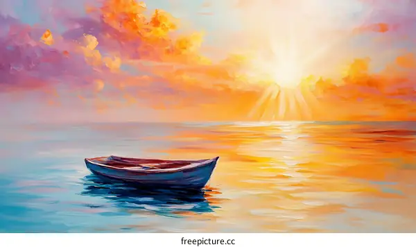 Sunrise on the Calm Sea with a Small Boat