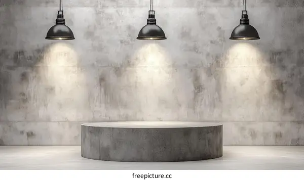 Empty Concrete Display Stand with Industrial Lighting