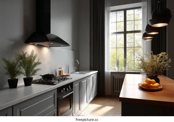 Modern Gray Kitchen with Stylish Lighting and Window View