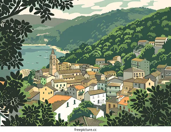 Beautiful Town in Italy Surrounded by Lush Green Hills and a Sparkling Bay