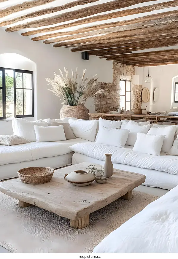 White Sofa and Wooden Coffee Table in a Modern Home