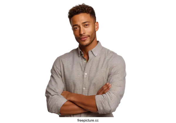 [Transparent Background PNG]Confident Man in a Light Gray Shirt