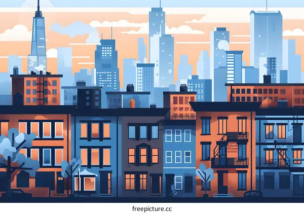 Cityscape Illustration with Buildings and Sunset