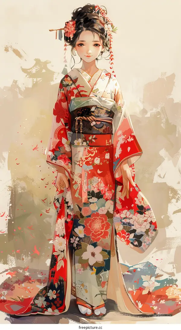 A woman wearing a red kimono with floral patterns