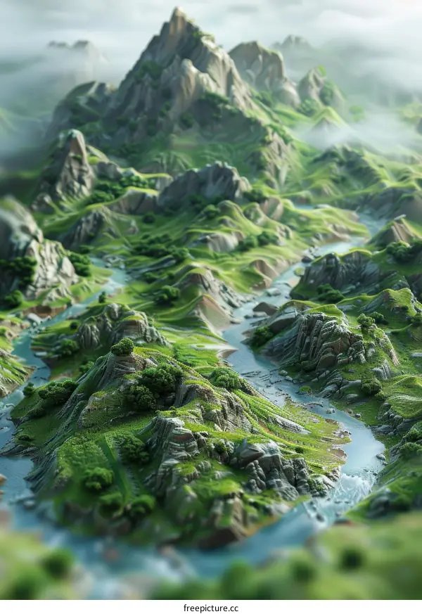 Mountain Valley with River and Fog