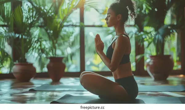 Ethnic woman practicing yoga in a tropical setting
