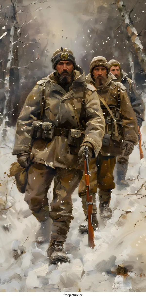 Three soldiers in winter gear walking through a snowy forest
