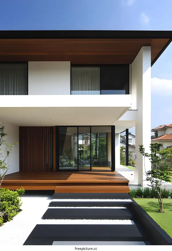 Modern House with Wooden Deck and Gravel Garden