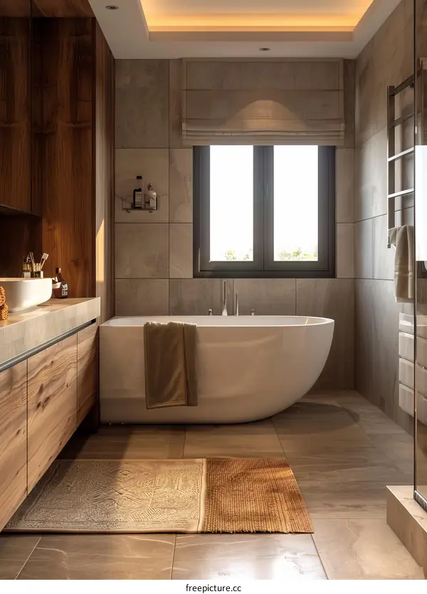 Modern Wooden Bathroom with Bathtub and Natural Light