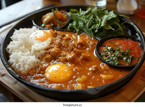 Spicy Curry Rice with Eggs and Salad