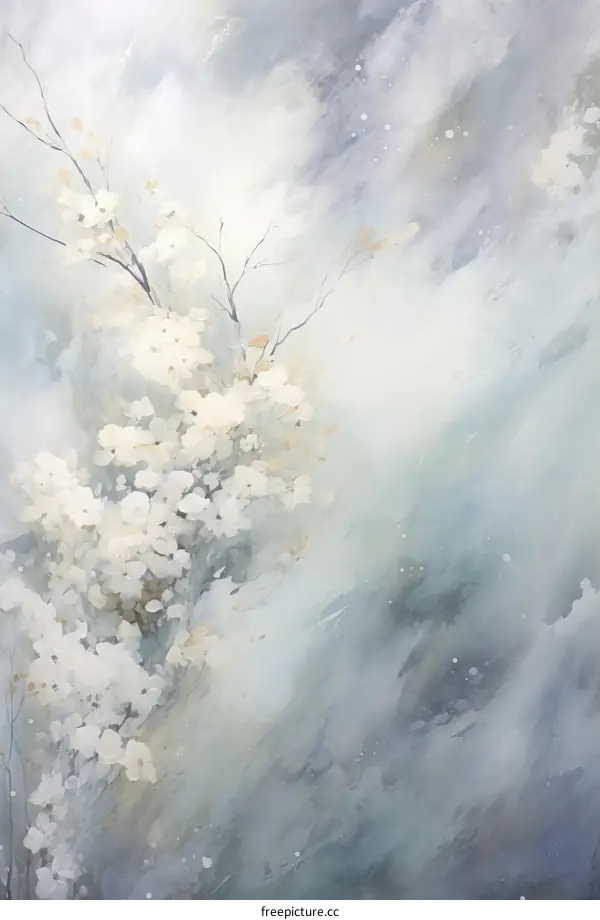 White delicate cherry blossoms against a blue-gray background