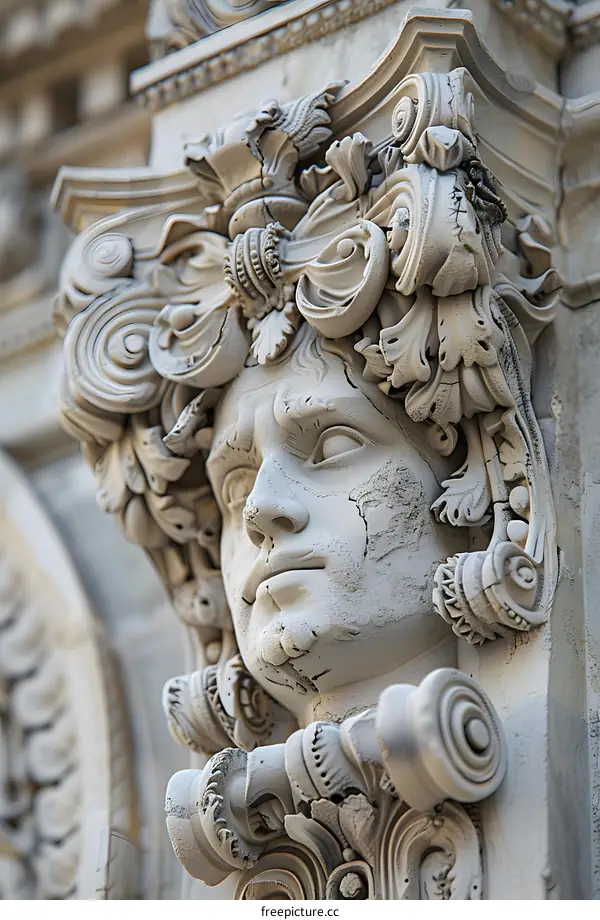 Stone head sculpture with floral headdress