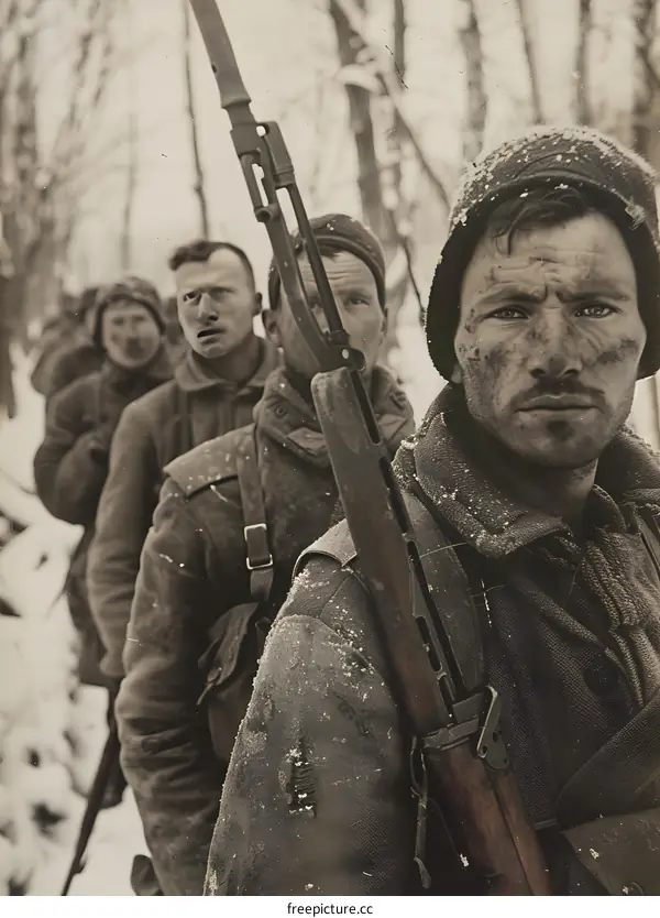 Soviet soldiers march in the snow during World War II