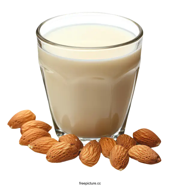[Transparent Background PNG]Almond Milk in a Glass with Almonds