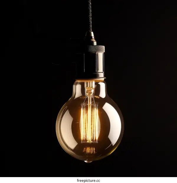Single lit light bulb hanging from black cord against black background