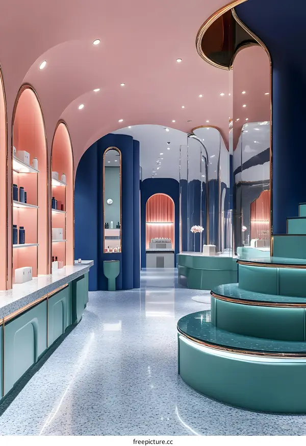 Modern Interior Design of a Retail Store with Pink, Blue, and Green Color Palette