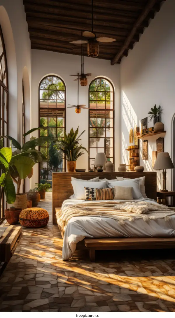 bedroom interior design, home decor, houseplants, sunlight