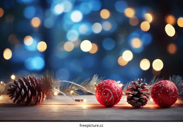Christmas decorations on a wooden table against a background of blue lights