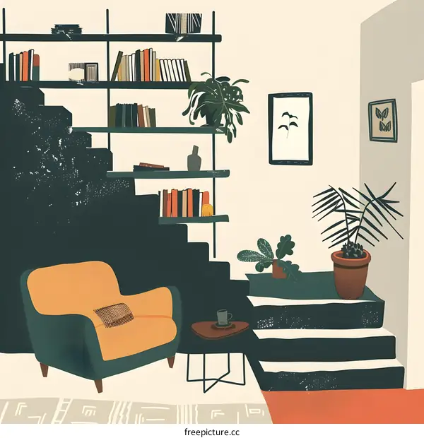 Modern Living Room Interior Design with Bookshelf and Armchair