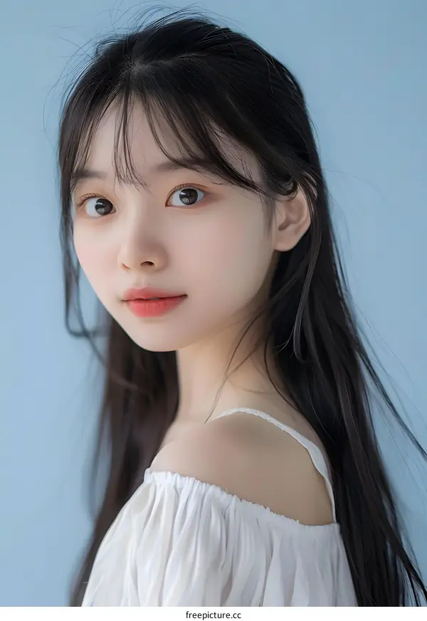 Portrait of a Young Woman with Long Black Hair and White Shirt