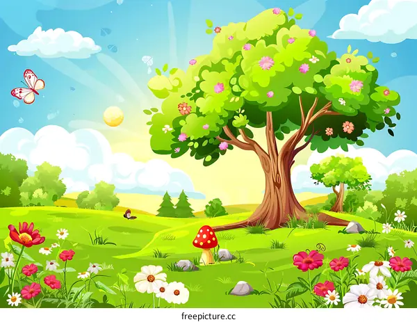 Cartoon Landscape with a Large Green Tree and Colorful Flowers