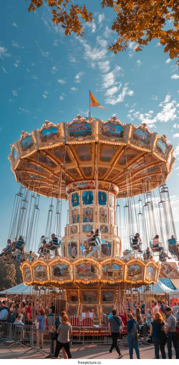 A colorful Ferris wheel at a fair with people riding it and a crowd of people watching.