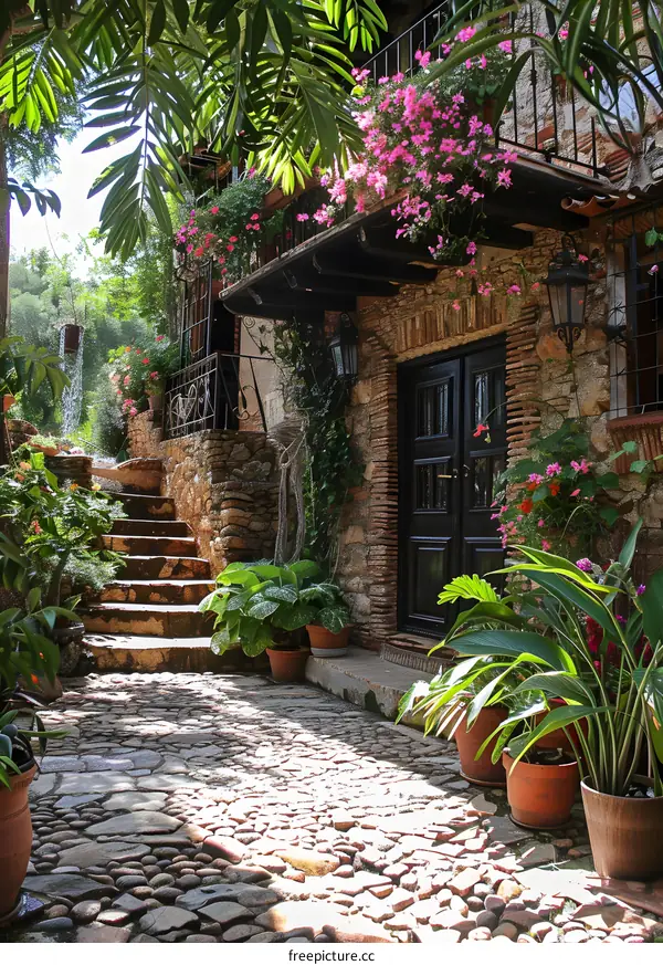 A beautiful stone house with a black door surrounded by plants and flowers