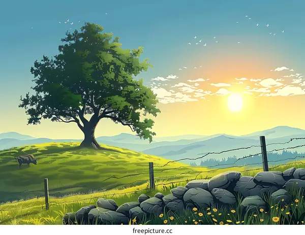 Sunrise Over Hilltop Meadow With Lone Tree and Fence