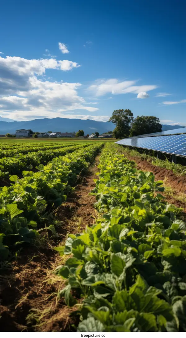A field of green leafy vegetables next to a solar panel array.