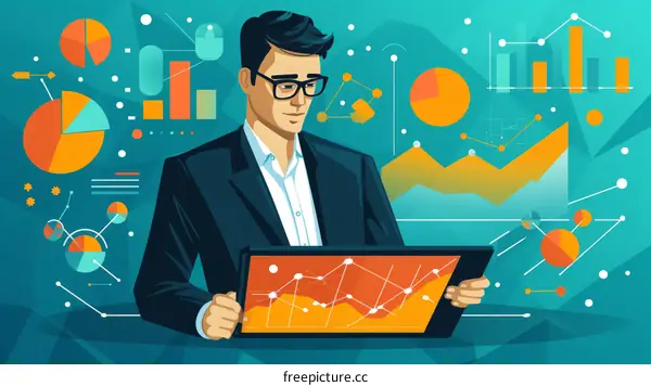 Businessman analyzing data on a tablet surrounded by charts and graphs