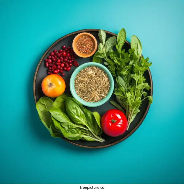 A variety of fresh herbs and spices on a blue background