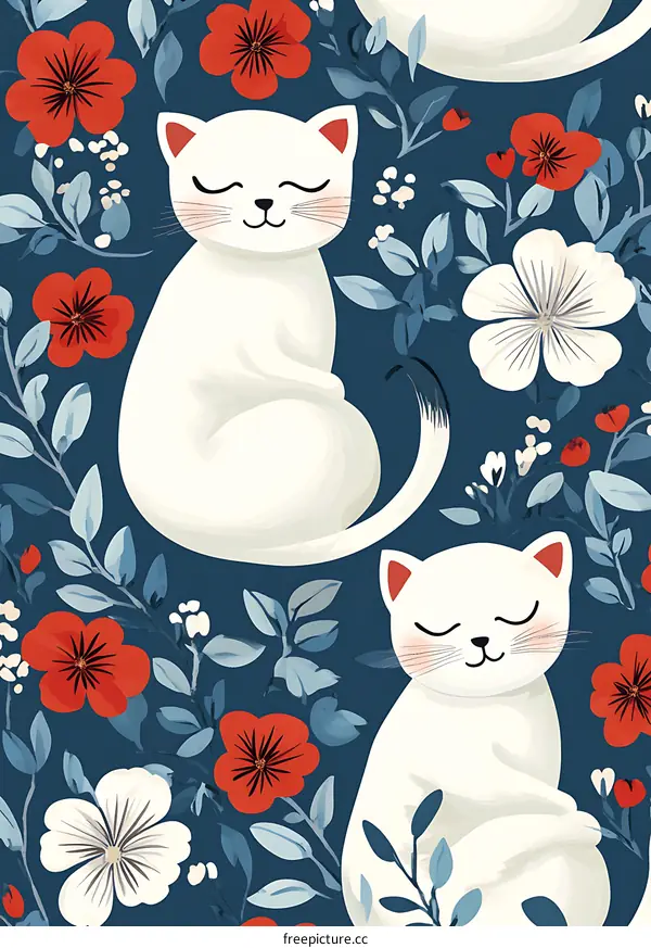 Cute White Cats with Flowers