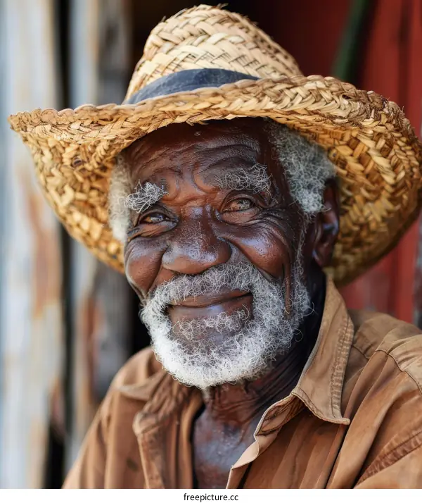Portrait of a Smiling Senior Black Man in Straw Hat