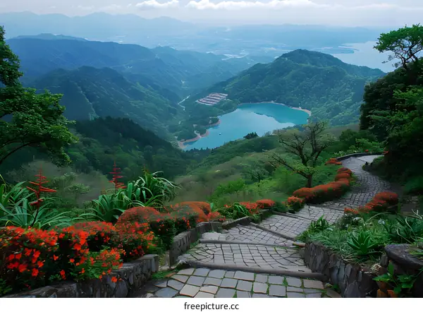 Mountain View With Cobblestone Path And Lake