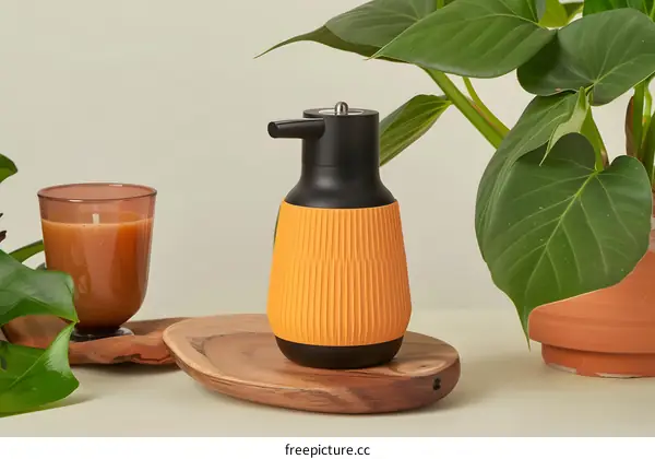 Yellow and Black Soap Dispenser on Wooden Tray with Green Plant