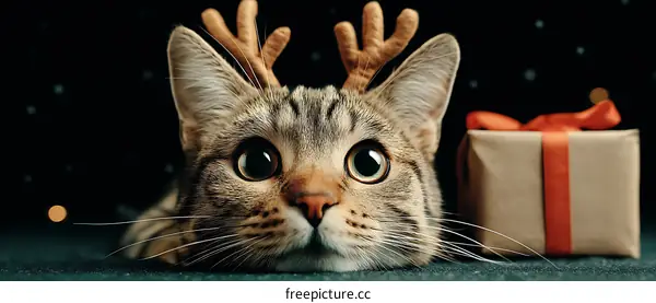 Christmas Cat with Reindeer Antlers and Gift