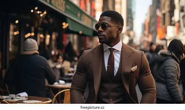 A Stylish Man in a Brown Suit and Sunglasses