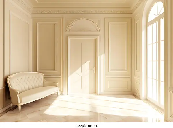 Elegant White Interior Design With White Sofa And Door