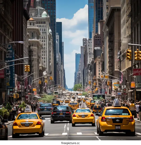 Crowded street with yellow taxis in New York City