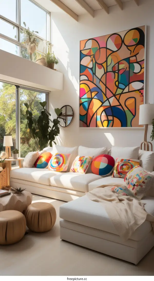 Bright and colorful living room with large windows and a comfortable sofa