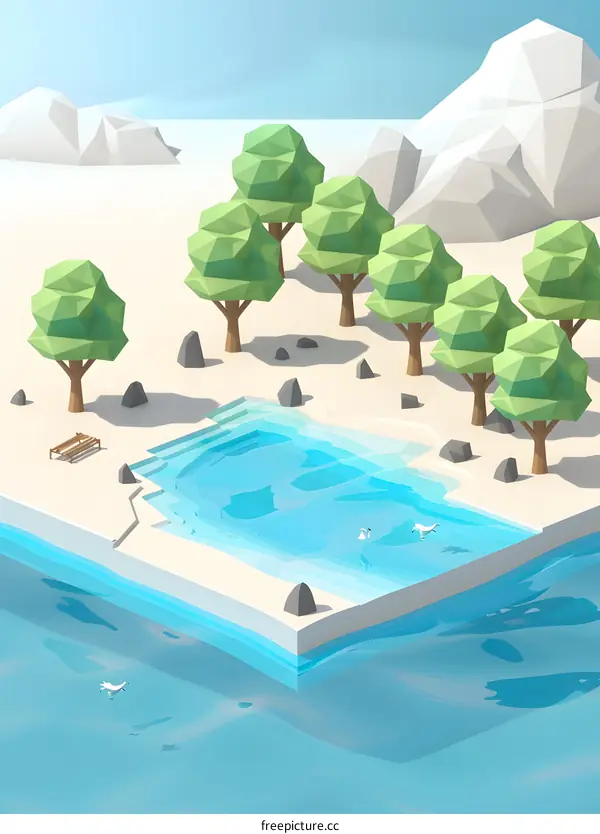 Low Poly Illustration of a Lake With Trees And Mountains