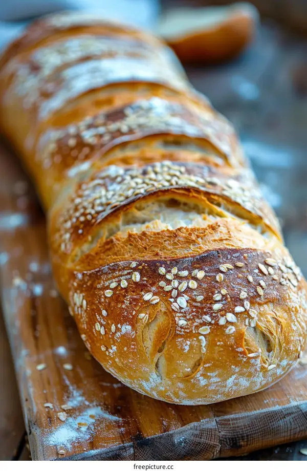 Loaf of bread with golden crust and sprinkled seeds