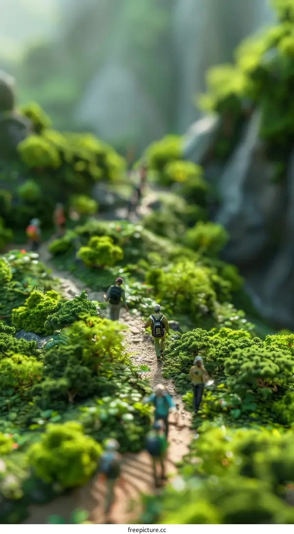 Miniature People Walking Through Lush Green Forest