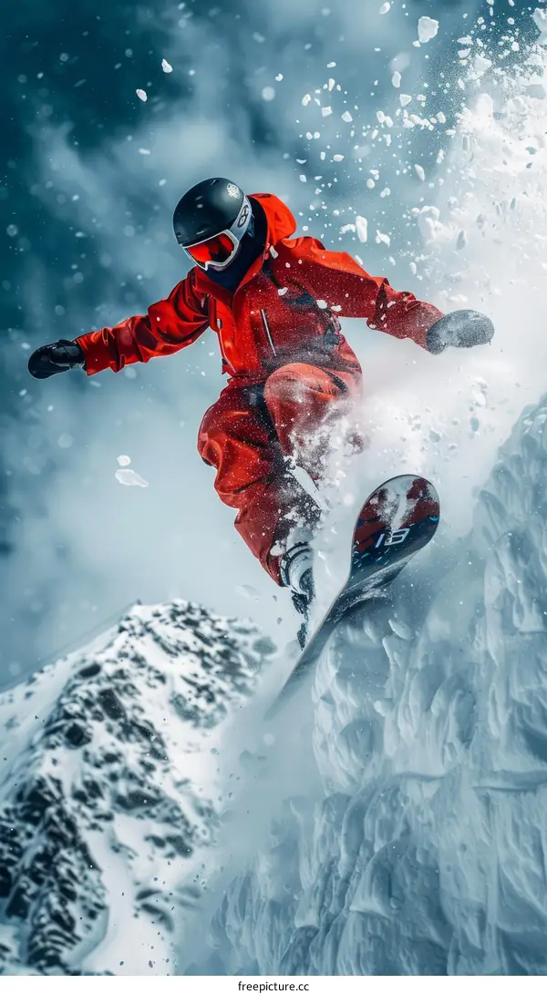 A snowboarder jumps off a cliff