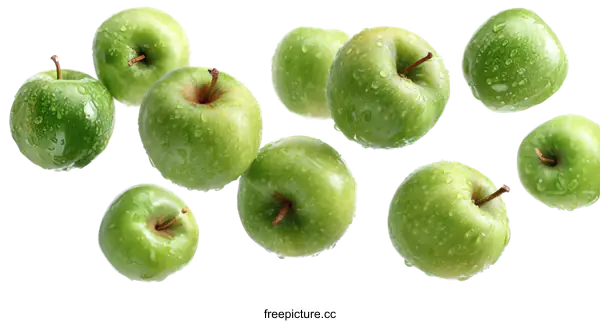 [Transparent Background PNG]Fresh Green Apples in Mid-Air