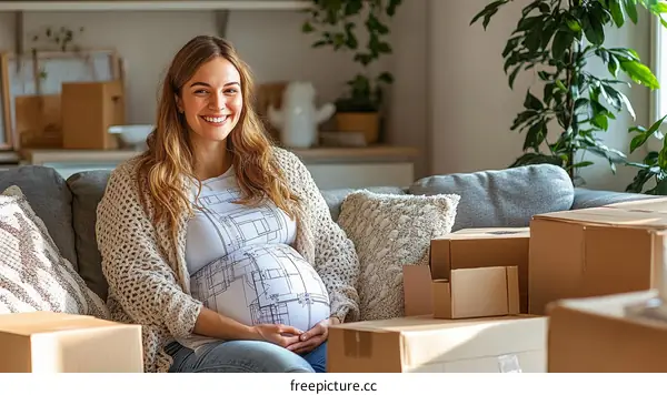 Pregnant Woman Relaxing on Sofa Amidst Moving Boxes