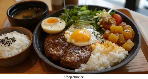 Japanese Meal with Steak Rice and Soup