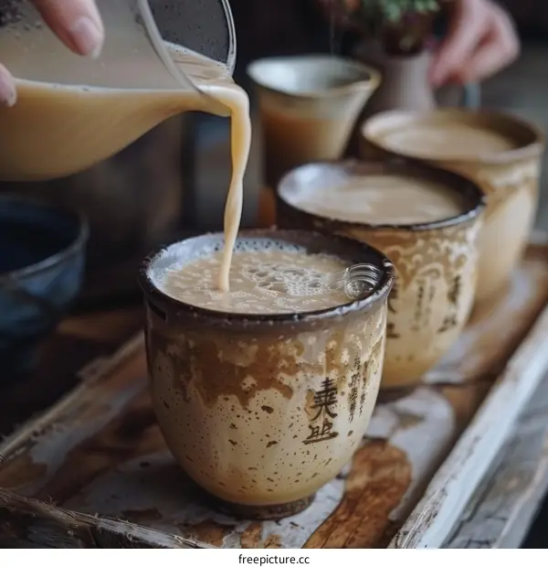 Pouring Tea from Glass Pitcher into a Ceramic Cup