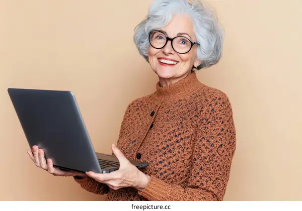 Senior Woman Using Laptop  Happy Expression
